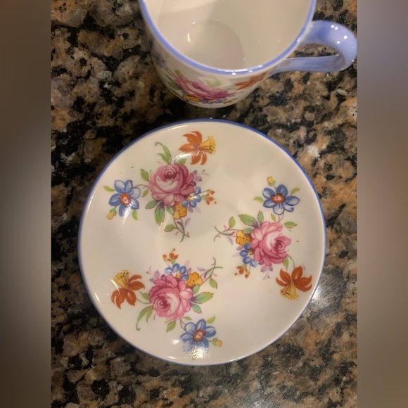 Miniature Shelley England Tea Cup and Saucer Rose Floral with Blue Trim - Picture 4 of 10